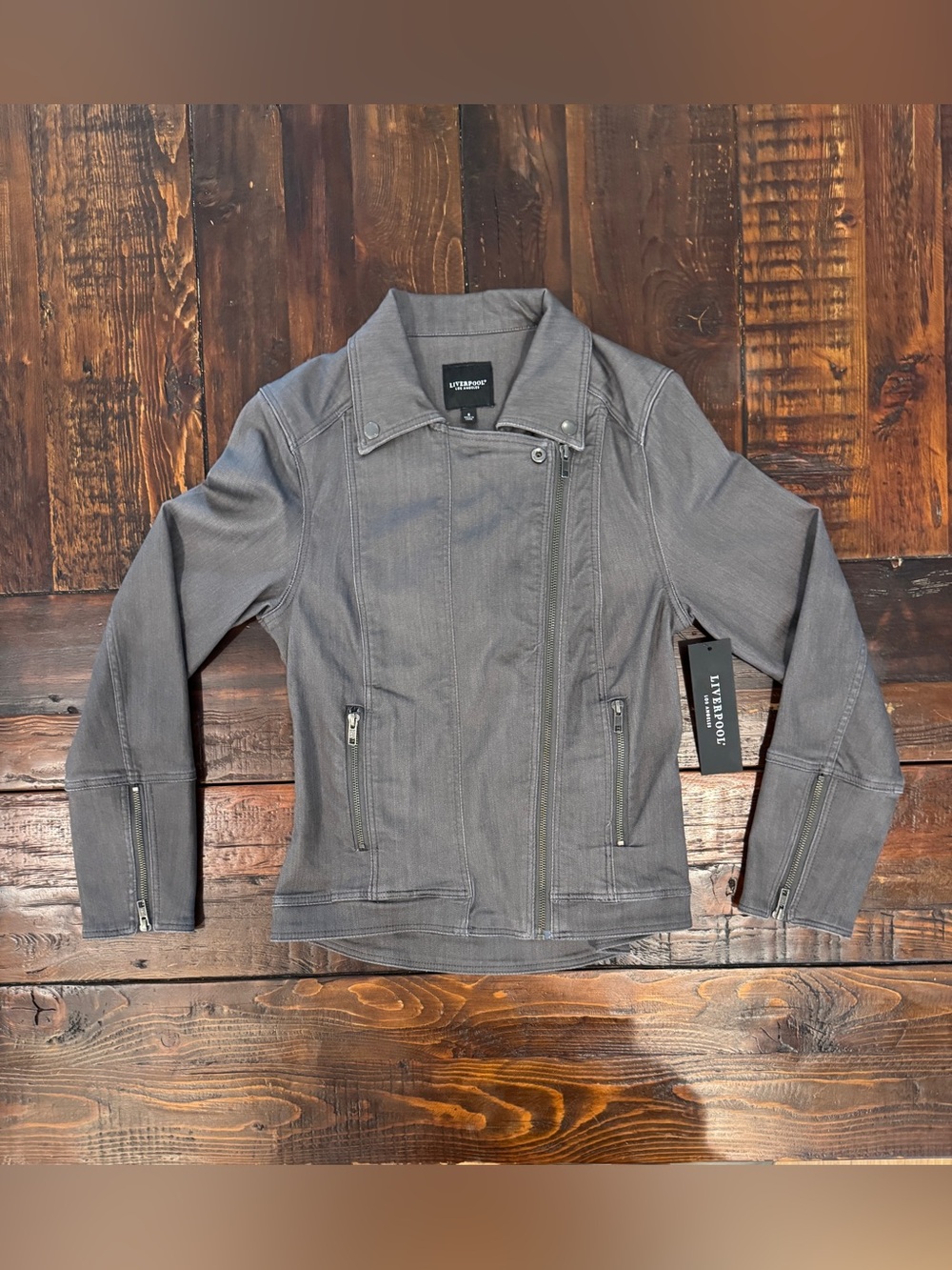 Liverpool Los Angeles Bradford Moto coated denim jacket size S in slate gray NWT